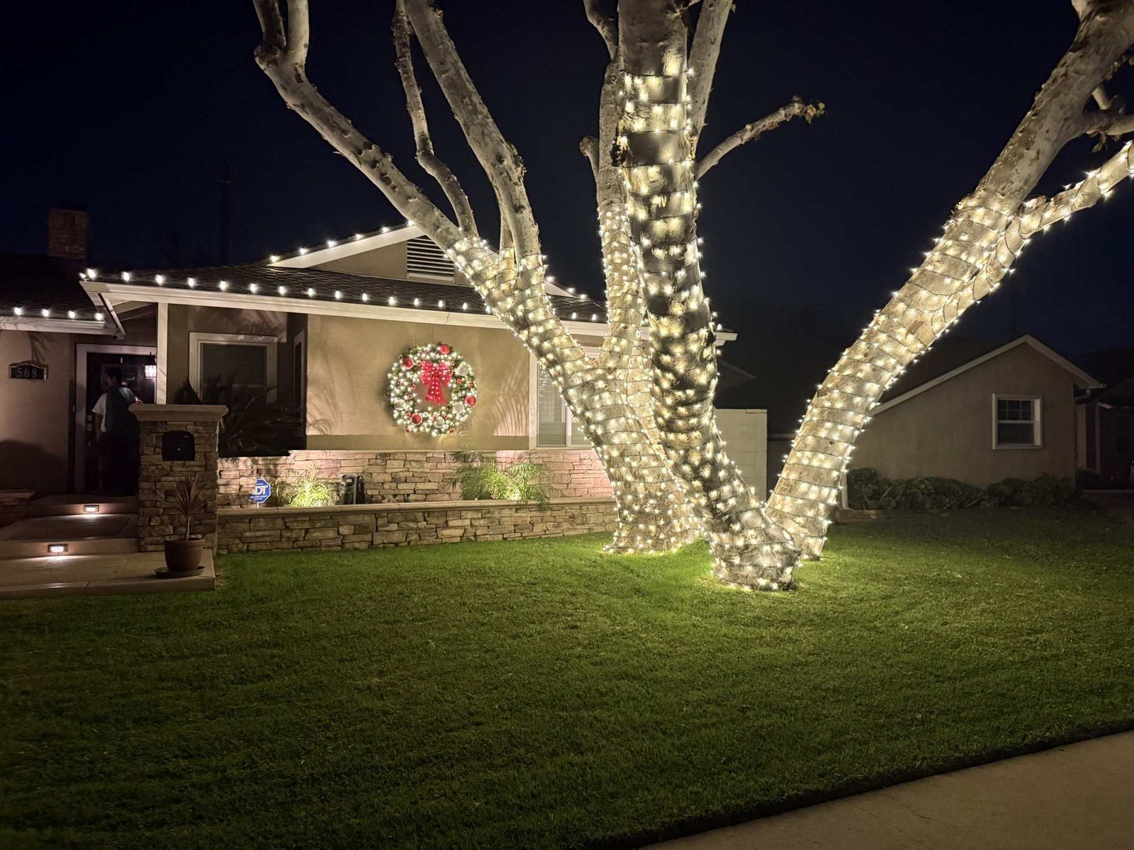 Single-story home with roofline lights, a lit wreath and a fully wrapped front-yard tree