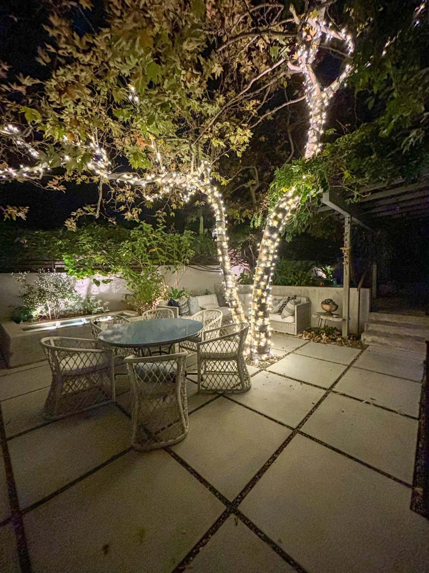 Backyard patio with wrapped trees glowing above an outdoor dining set